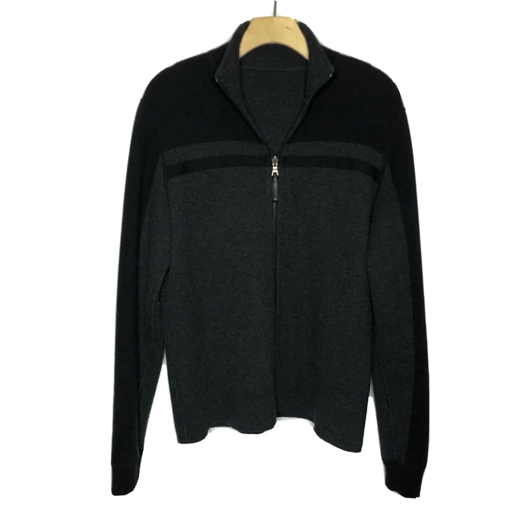 PRADA Zip Sweater Jacket Reversible 2-in-1 High Neck Wool Black Grey Men's L XL